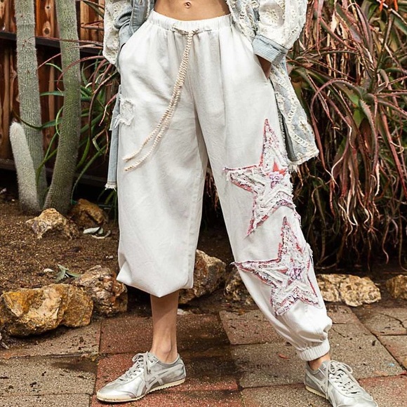 POL Pants - POL Star Patchwork Ivory Joggers | Embroidered Elastic Waist Pants